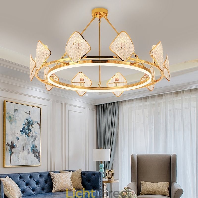 Gouden postmoderne luxe ronde K9 kristallen hanglamp met acryl kap tentoonstellingshal