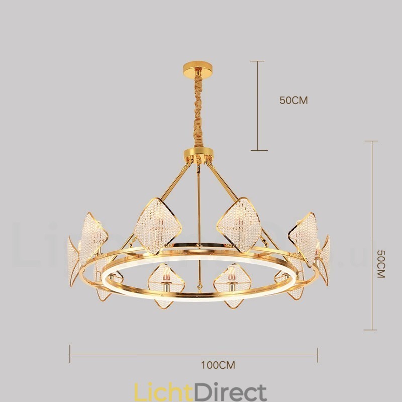 Gouden postmoderne luxe ronde K9 kristallen hanglamp met acryl kap tentoonstellingshal