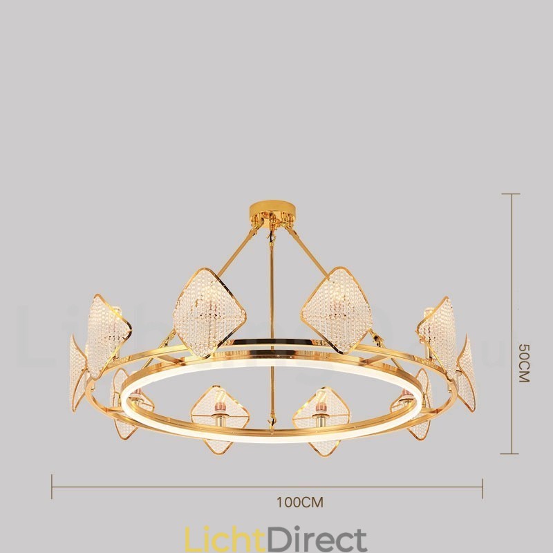 Gouden postmoderne luxe ronde K9 kristallen hanglamp met acryl kap tentoonstellingshal