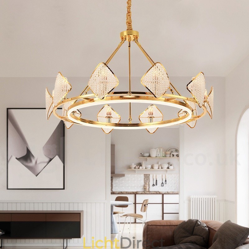 Gouden postmoderne luxe ronde K9 kristallen hanglamp met acryl kap tentoonstellingshal