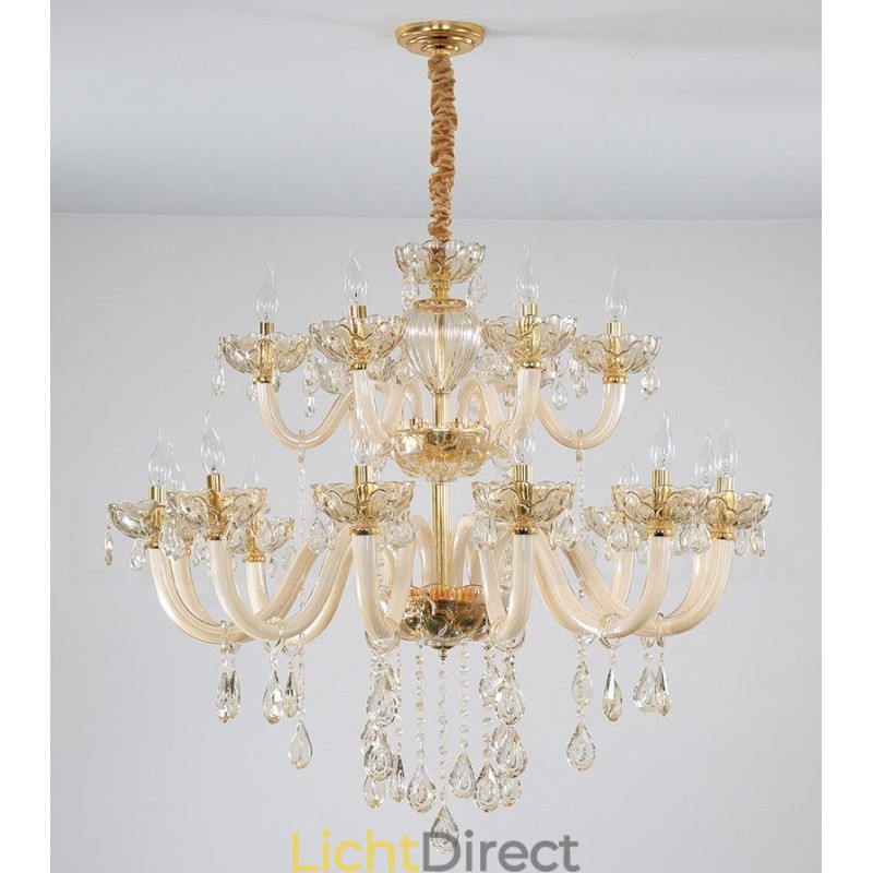 18 (12+6) Lichte champagnekleurige elegante kristallen kaarskroonluchter
