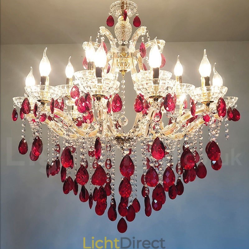 18 (12+6) Licht Luxe Rode Kristallen Kaars Gouden Kroonluchter