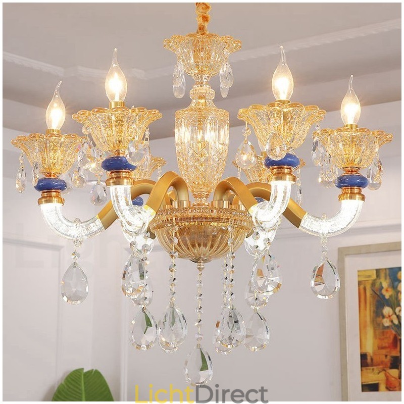 6-lichts moderne eigentijdse champagne kaars kroonluchter met kristal