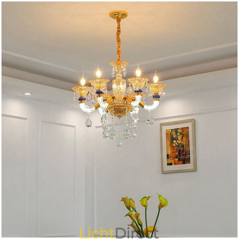 6-lichts moderne eigentijdse champagne kaars kroonluchter met kristal