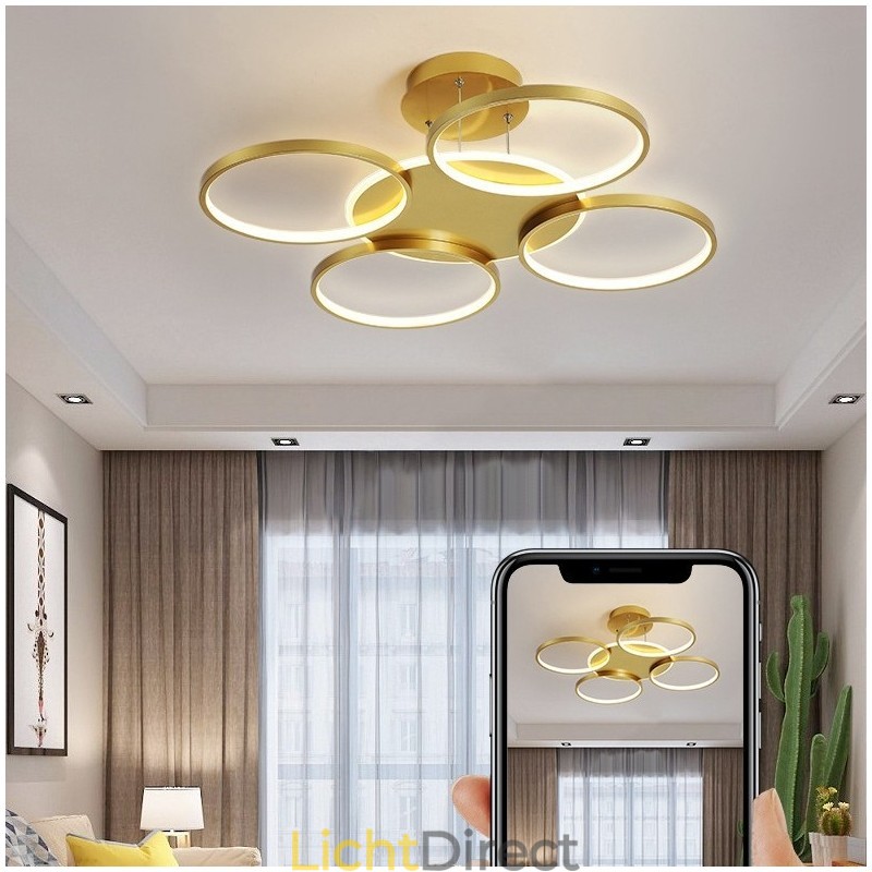 Goudkleurige moderne eigentijdse Scandinavische stijl cirkelvormige plafondkroonluchter met afstandsbediening, kan ook als wandlamp worden gebruikt