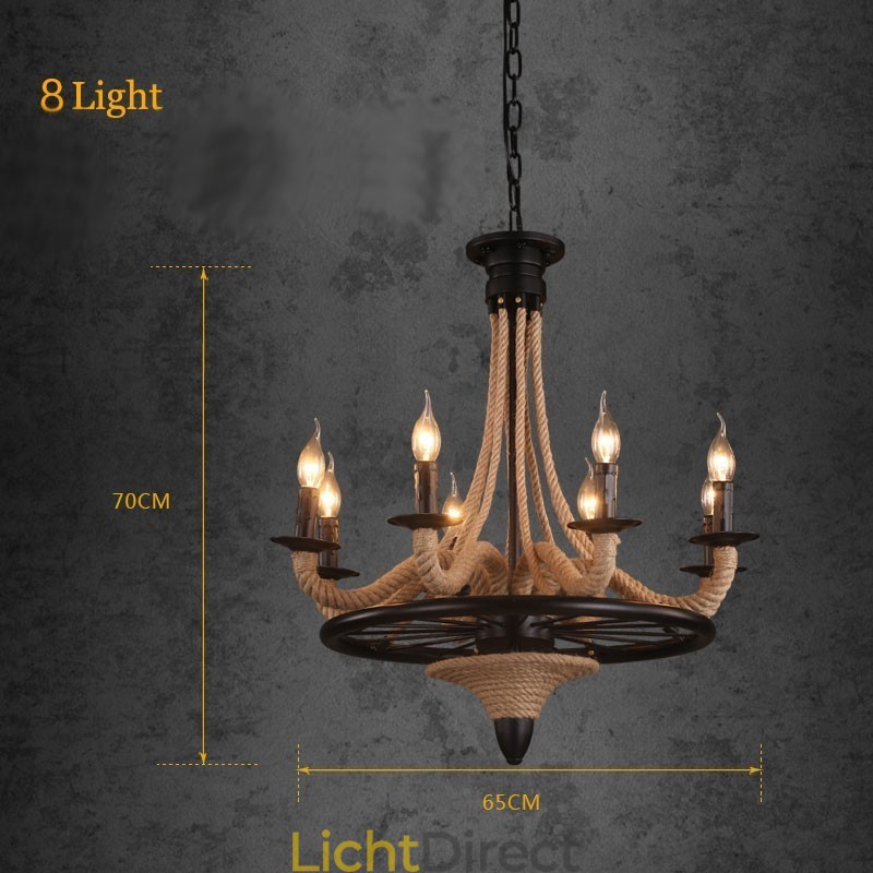 8-lichts kaars industriële stijl henneptouw hanglamp kroonluchter