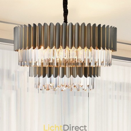 Twee lagen luxe postmoderne zwarte en gouden ronde K9-kristallen hangkroonluchter Twee lagen luxe postmoderne zwarte en gouden ronde K9-kristallen hangkroonluchter