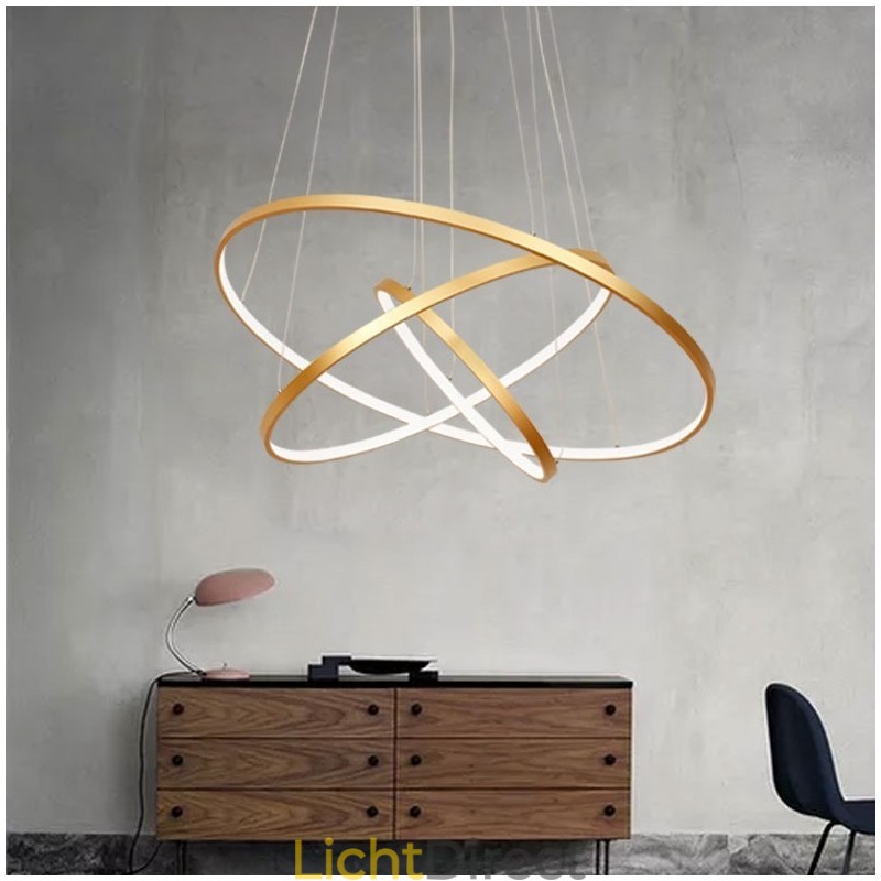 Dimbare hanglamp met afstandsbediening, goudkleurig, modern design, drie ringen