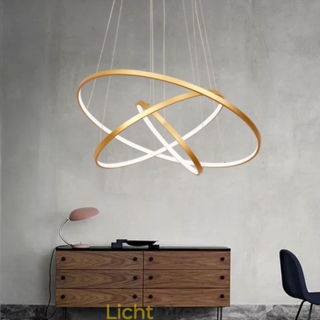 Dimbare hanglamp met afstandsbediening, goudkleurig, modern design, drie ringen Dimbare hanglamp met afstandsbediening, goudkleurig, modern design, drie ringen