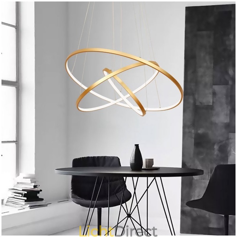 Dimbare hanglamp met afstandsbediening, goudkleurig, modern design, drie ringen