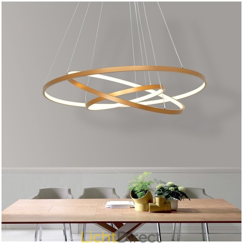 Dimbare hanglamp met afstandsbediening, goudkleurig, modern design, drie ringen
