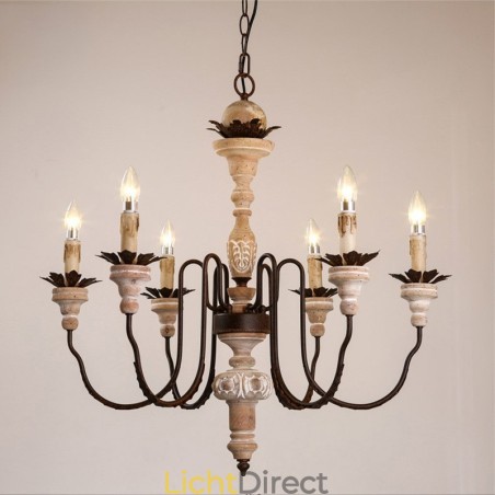 Landelijk vintage houten kroonluchter met 6 lampen Landelijk vintage houten kroonluchter met 6 lampen