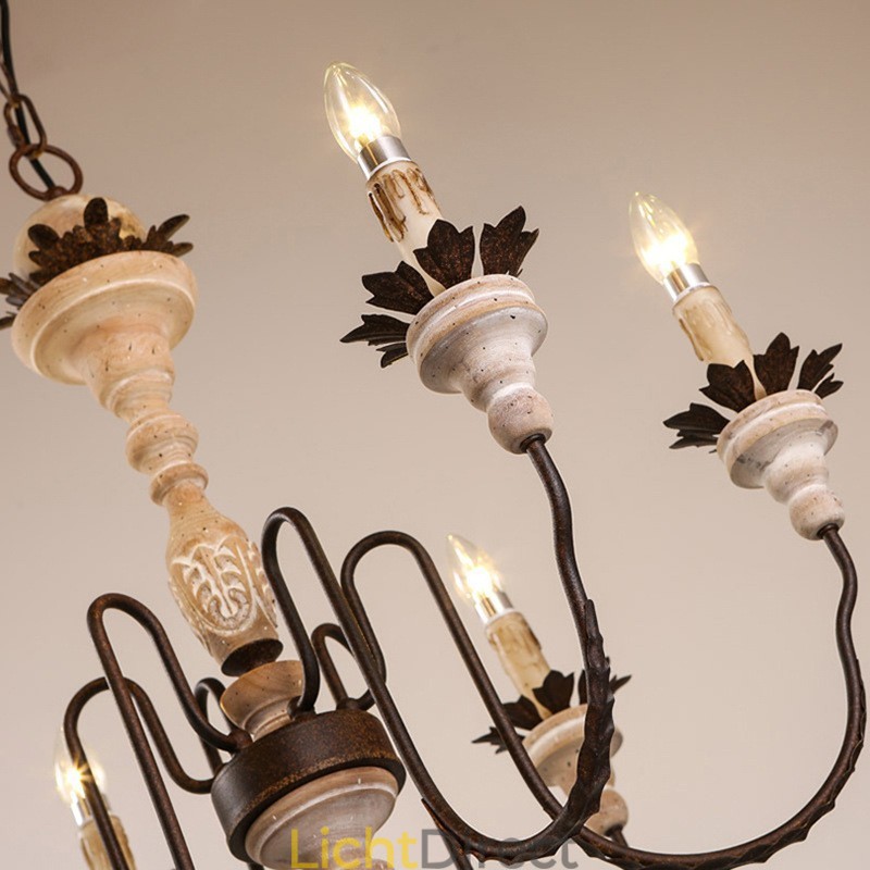 Landelijk vintage houten kroonluchter met 6 lampen