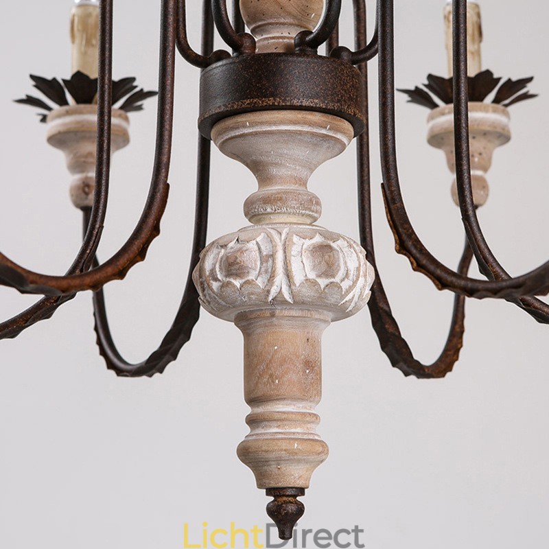 Landelijk vintage houten kroonluchter met 6 lampen