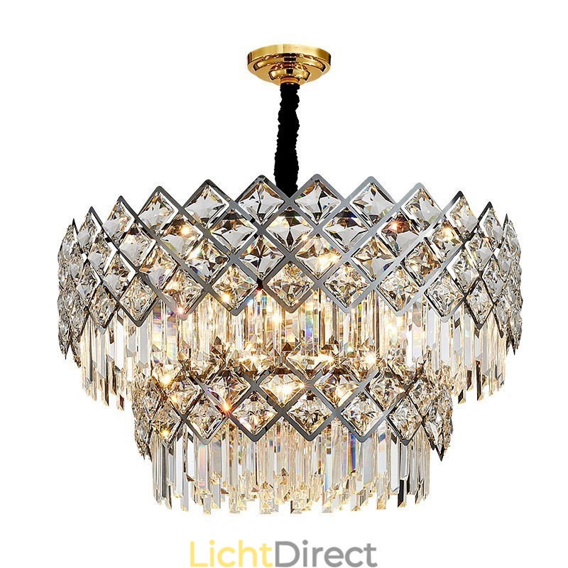 Twee lagen luxe postmoderne zwarte en gouden ronde K9-kristallen hanglamp