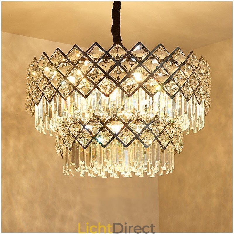 Twee lagen luxe postmoderne zwarte en gouden ronde K9-kristallen hanglamp