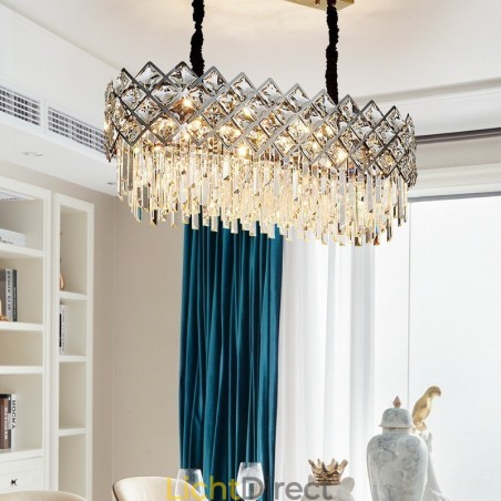 Luxe postmoderne zilveren ronde K9-kristallen hangkroonluchter Luxe postmoderne zilveren ronde K9-kristallen hangkroonluchter