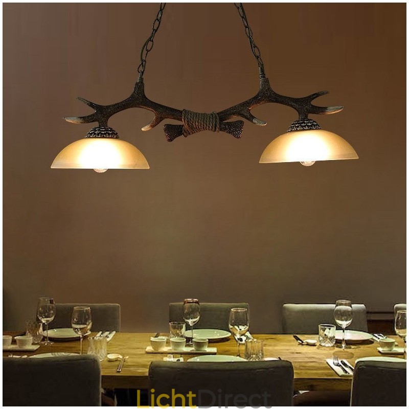 2-lichts zwarte rustieke artistieke retro gewei antieke hanglamp met glazen kap