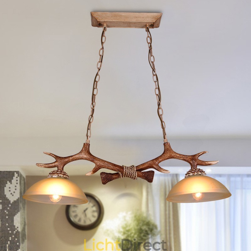 2 Lichtbruine rustieke artistieke retro gewei antieke hanglamp met glazen kap