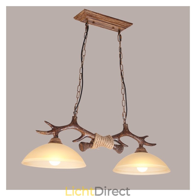 2 Lichtbruine rustieke artistieke retro gewei antieke hanglamp met glazen kap