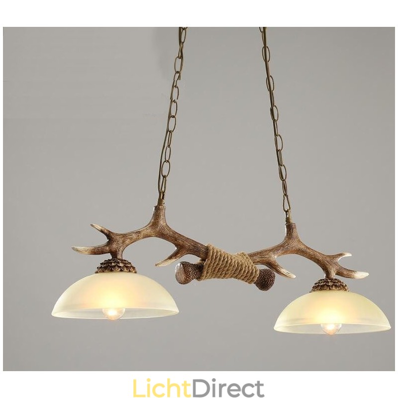 2 Lichtbruine rustieke artistieke retro gewei antieke hanglamp met glazen kap
