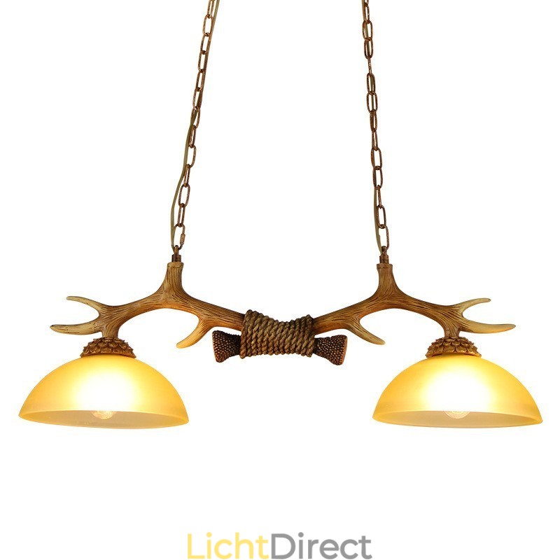 2 Lichtbruine rustieke artistieke retro gewei antieke hanglamp met glazen kap