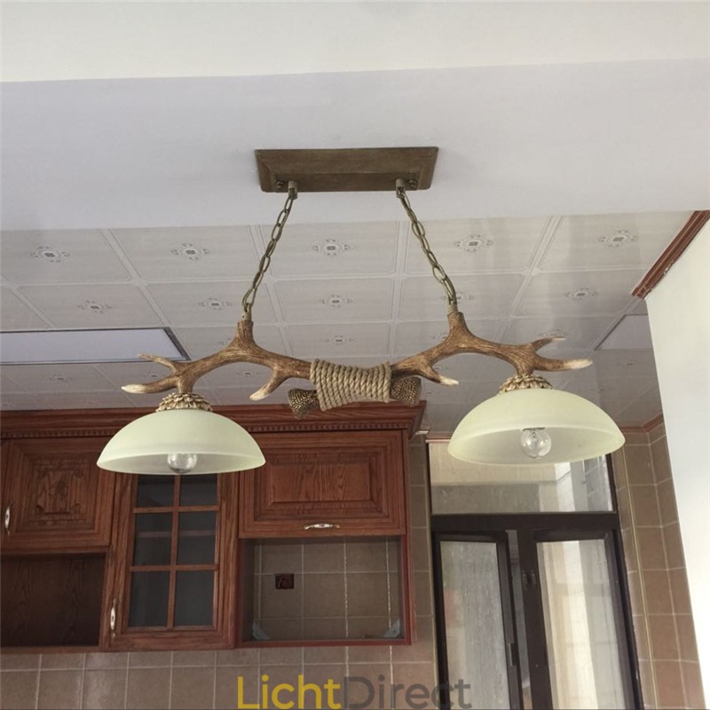2 Lichtbruine rustieke artistieke retro gewei antieke hanglamp met glazen kap