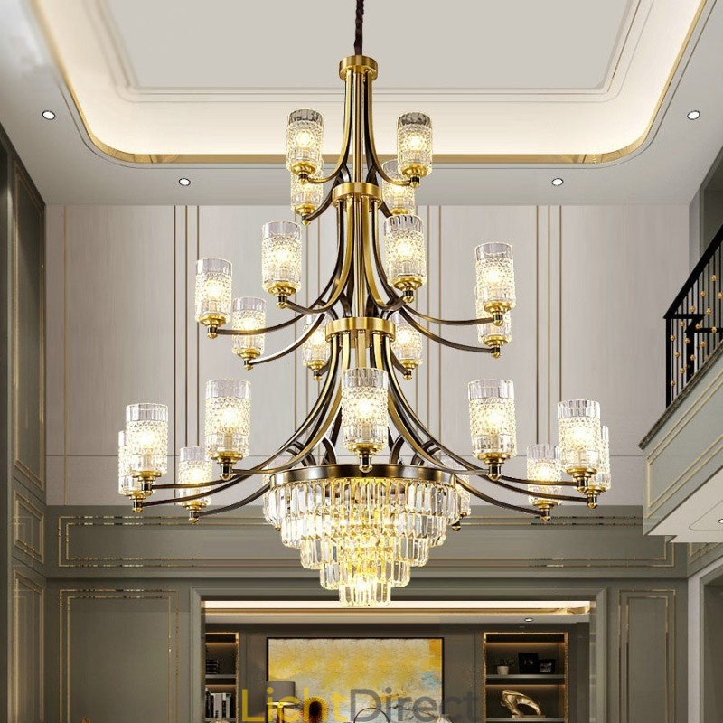 Grote luxe koperen kristallen kroonluchter voor 12+8+4 lampenhouders