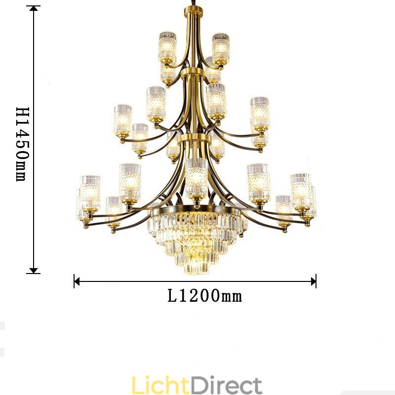 Grote luxe koperen kristallen kroonluchter voor 12+8+4 lampenhouders