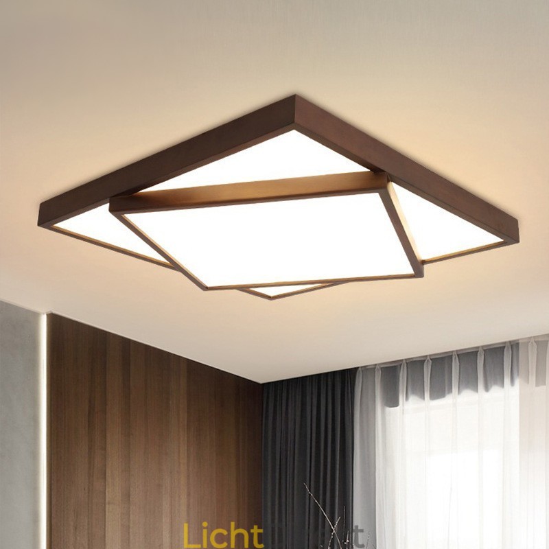 Twee lagen vierkante zwarte walnoothouten moderne eigentijdse Scandinavische stijl plafondlamp van hout, kan ook als wandlamp worden gebruikt