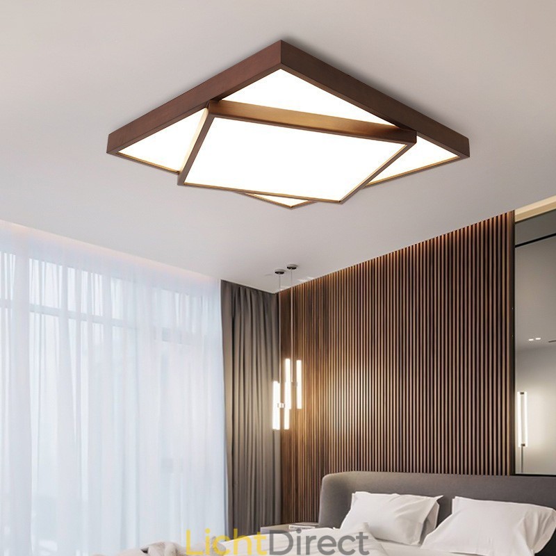 Twee lagen vierkante zwarte walnoothouten moderne eigentijdse Scandinavische stijl plafondlamp van hout, kan ook als wandlamp worden gebruikt