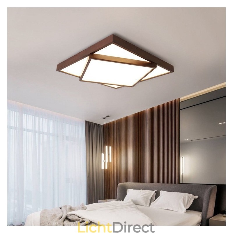 Twee lagen vierkante zwarte walnoothouten moderne eigentijdse Scandinavische stijl plafondlamp van hout, kan ook als wandlamp worden gebruikt