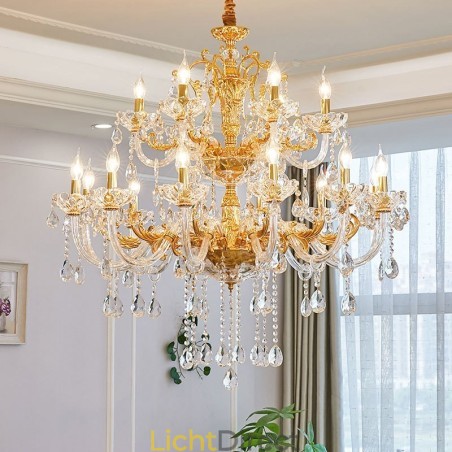 18 Lichts Tweelaags Luxe Goudkleurige Kristallen Kaars Kroonluchter 18 Lichts Tweelaags Luxe Goudkleurige Kristallen Kaars Kroonluchter