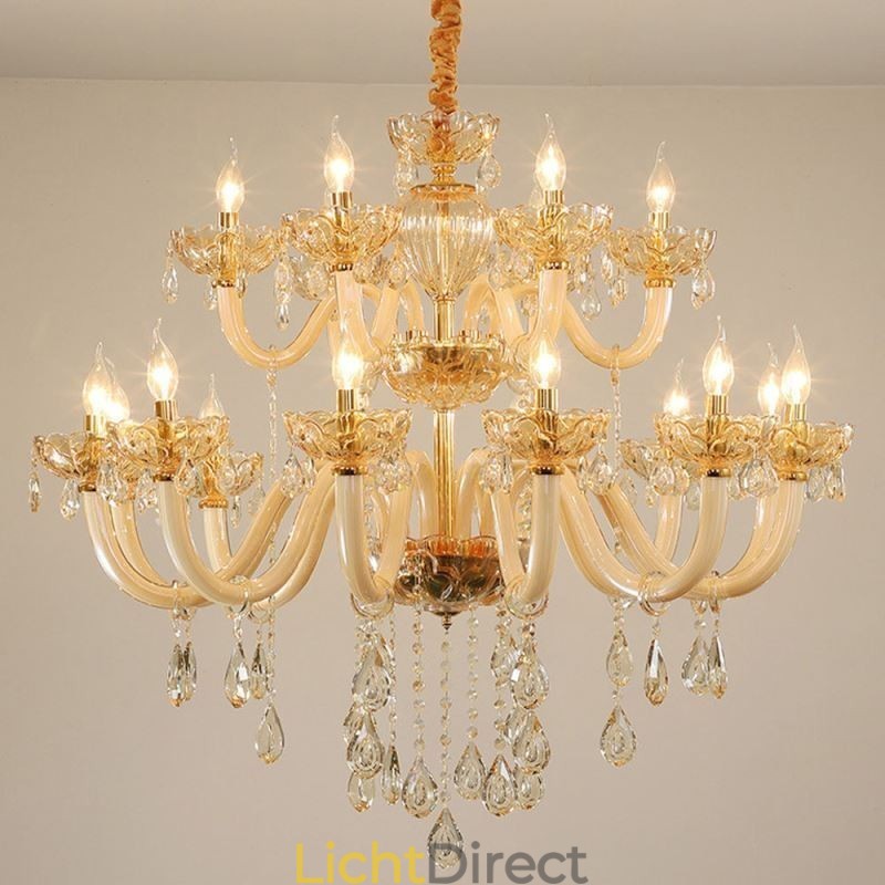 Elegante kristallen kroonluchter Europese cognackleurige plafondlamp Glazen behuizing Dubbele laag 12+6 lampen