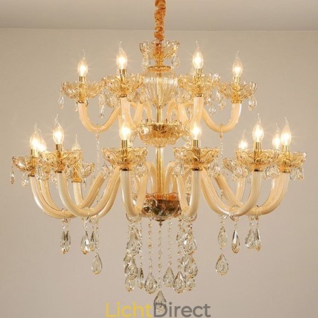 Elegante kristallen kroonluchter Europese cognackleurige plafondlamp Glazen behuizing Dubbele laag 12+6 lampen Elegante kristallen kroonluchter Europese cognackleurige plafondlamp Glazen behuizing Dubbele laag 12+6 lampen