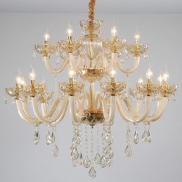 Elegante kristallen kroonluchter Europese cognackleurige plafondlamp Glazen behuizing Dubbele laag 12+6 lampen