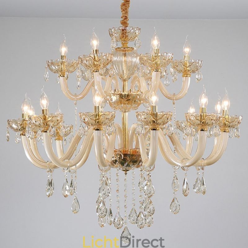Elegante kristallen kroonluchter Europese cognackleurige plafondlamp Glazen behuizing Dubbele laag 12+6 lampen