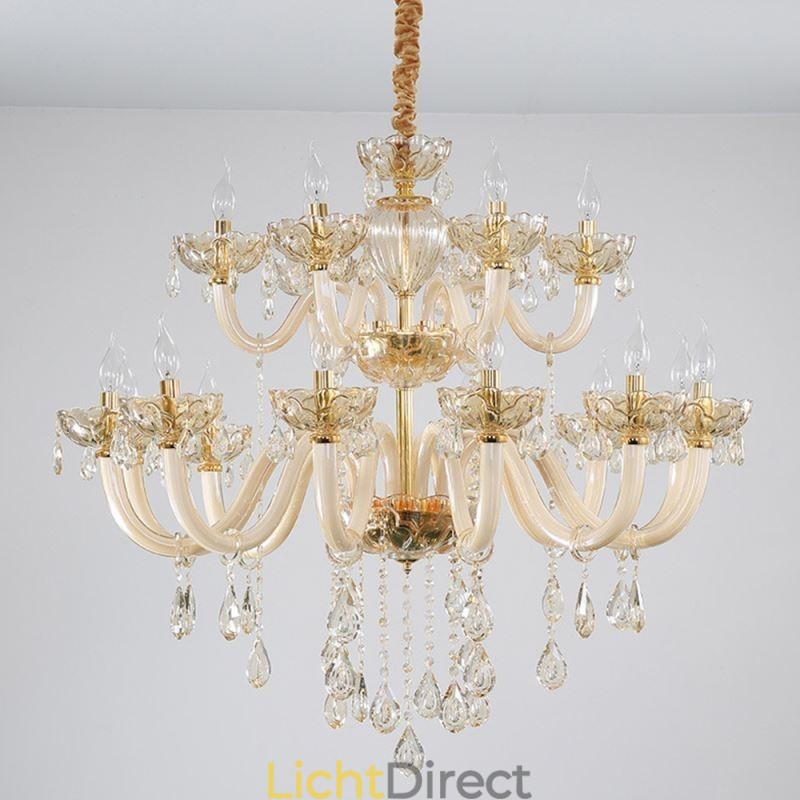 Elegante kristallen kroonluchter Europese cognackleurige plafondlamp Glazen behuizing Dubbele laag 12+6 lampen