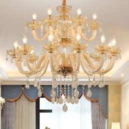 Elegante kristallen kroonluchter Europese cognackleurige plafondlamp Glazen behuizing Dubbele laag 12+6 lampen