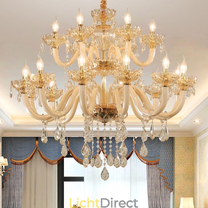Elegante kristallen kroonluchter Europese cognackleurige plafondlamp Glazen behuizing Dubbele laag 12+6 lampen