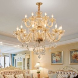 Elegante kristallen kroonluchter Europese cognackleurige plafondlamp Glazen behuizing Dubbele laag 12+6 lampen