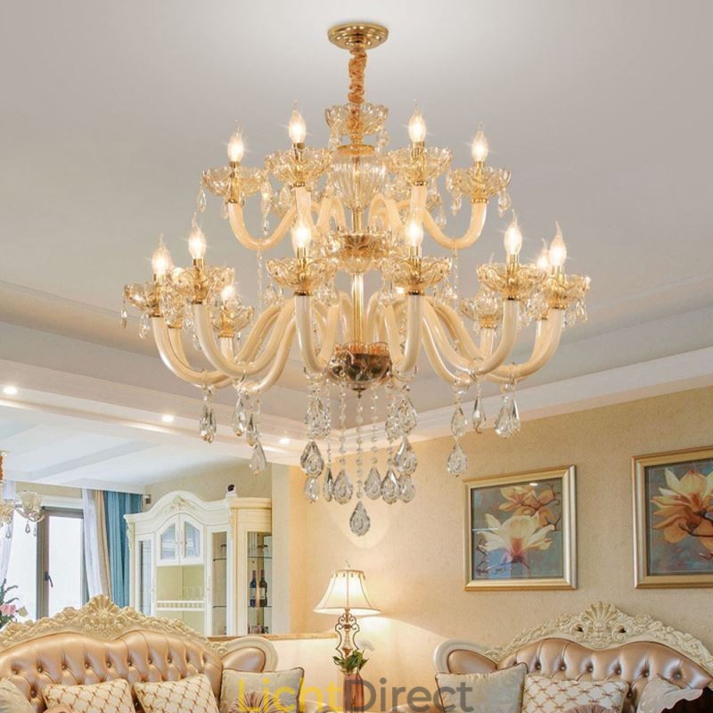 Elegante kristallen kroonluchter Europese cognackleurige plafondlamp Glazen behuizing Dubbele laag 12+6 lampen