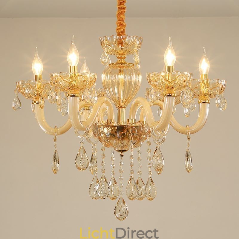 Prachtige kristallen kroonluchter Europese cognackleurige plafondlamp met glazen behuizing, 8 lampen