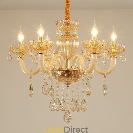 Prachtige kristallen kroonluchter Europese cognackleurige plafondlamp met glazen behuizing, 8 lampen Prachtige kristallen kroonluchter Europese cognackleurige plafondlamp met glazen behuizing, 8 lampen