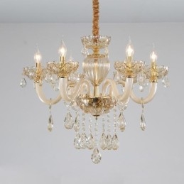 Prachtige kristallen kroonluchter Europese cognackleurige plafondlamp met glazen behuizing, 8 lampen