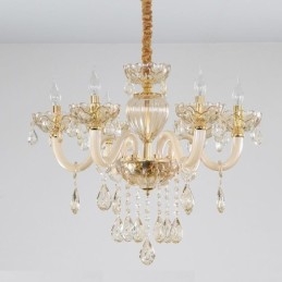 Prachtige kristallen kroonluchter Europese cognackleurige plafondlamp met glazen behuizing, 8 lampen