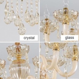 Prachtige kristallen kroonluchter Europese cognackleurige plafondlamp met glazen behuizing, 8 lampen