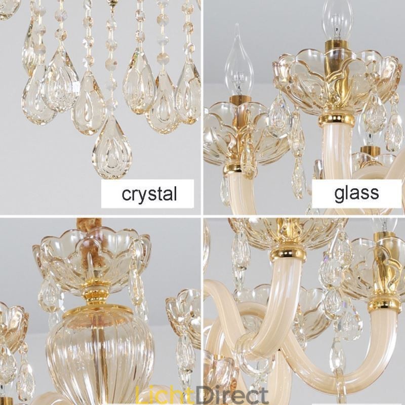 Prachtige kristallen kroonluchter Europese cognackleurige plafondlamp met glazen behuizing, 8 lampen