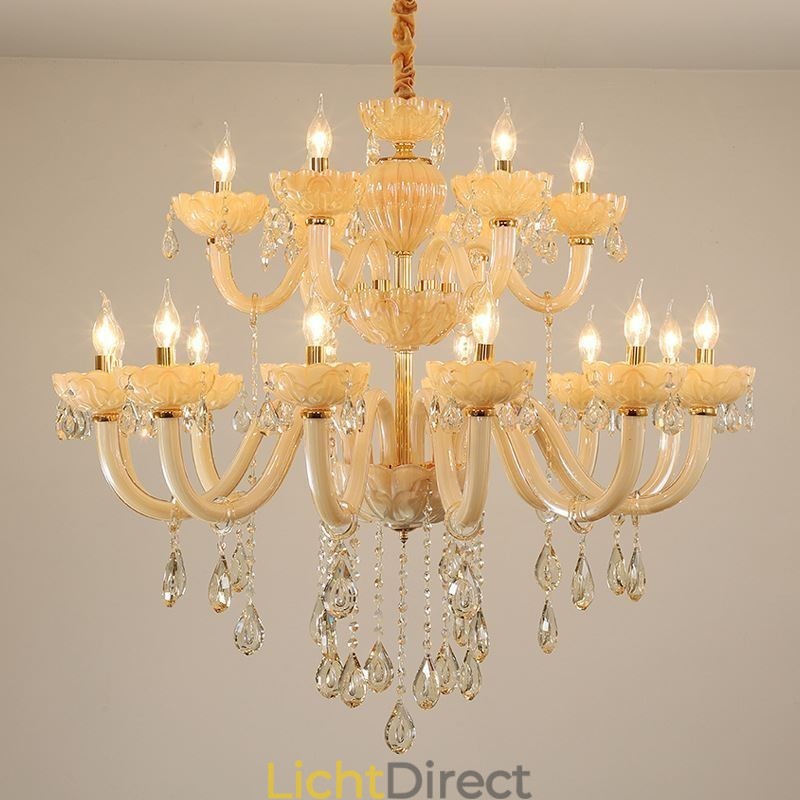 Luxe kristallen kroonluchter Europese cognackleurige plafondlamp Glazen body Dubbele laag 12+6 lampen
