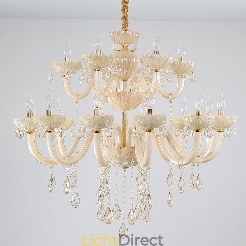 Luxe kristallen kroonluchter Europese cognackleurige plafondlamp Glazen body Dubbele laag 12+6 lampen
